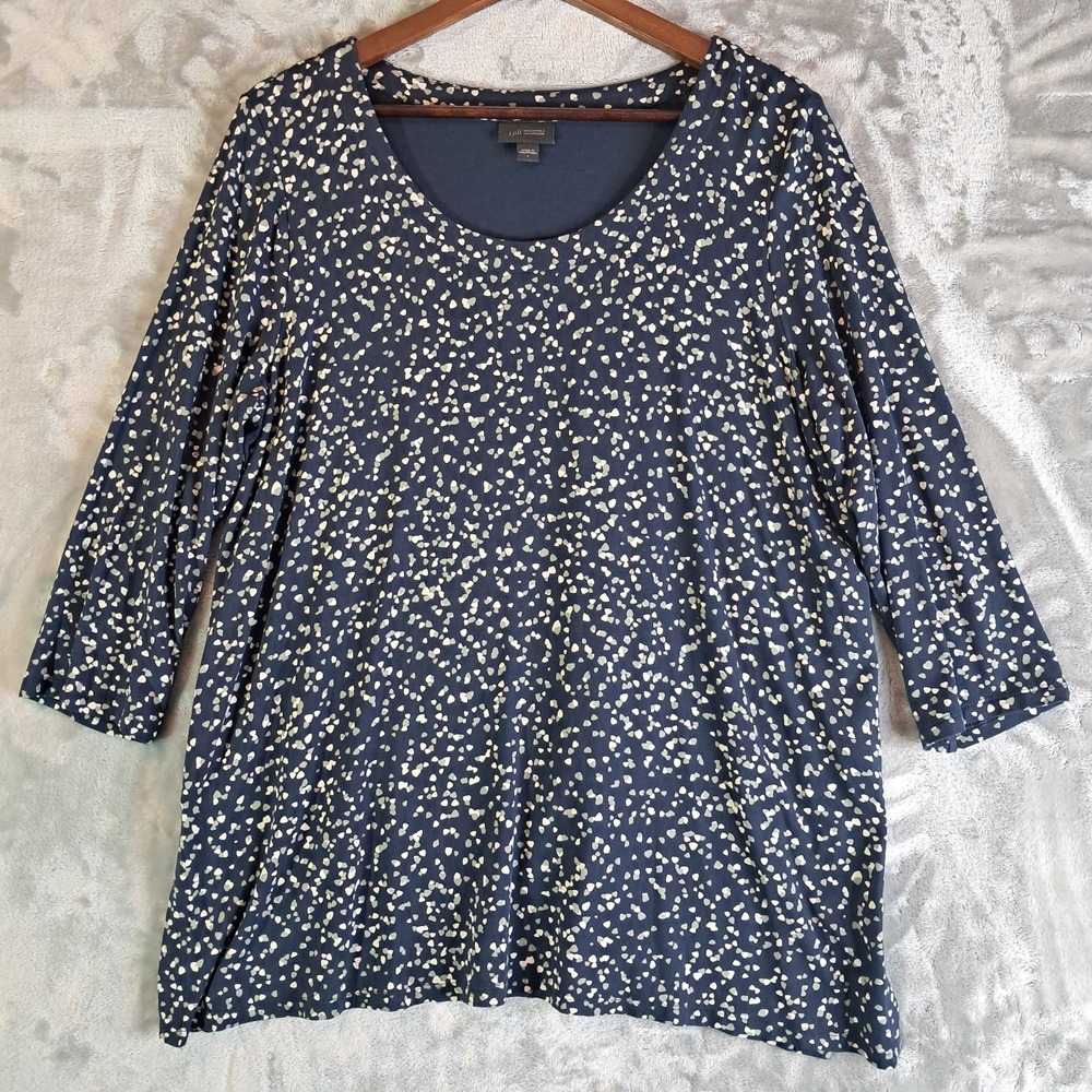 J Jill Womens L Navy Blue Speckled Dot Print 3/4 Sleeve Knit Tunic Top Large
